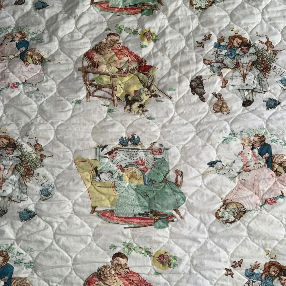 Norman Rockwell Quilt Bedspread Full Queen White Fair Vintage Americana Art
